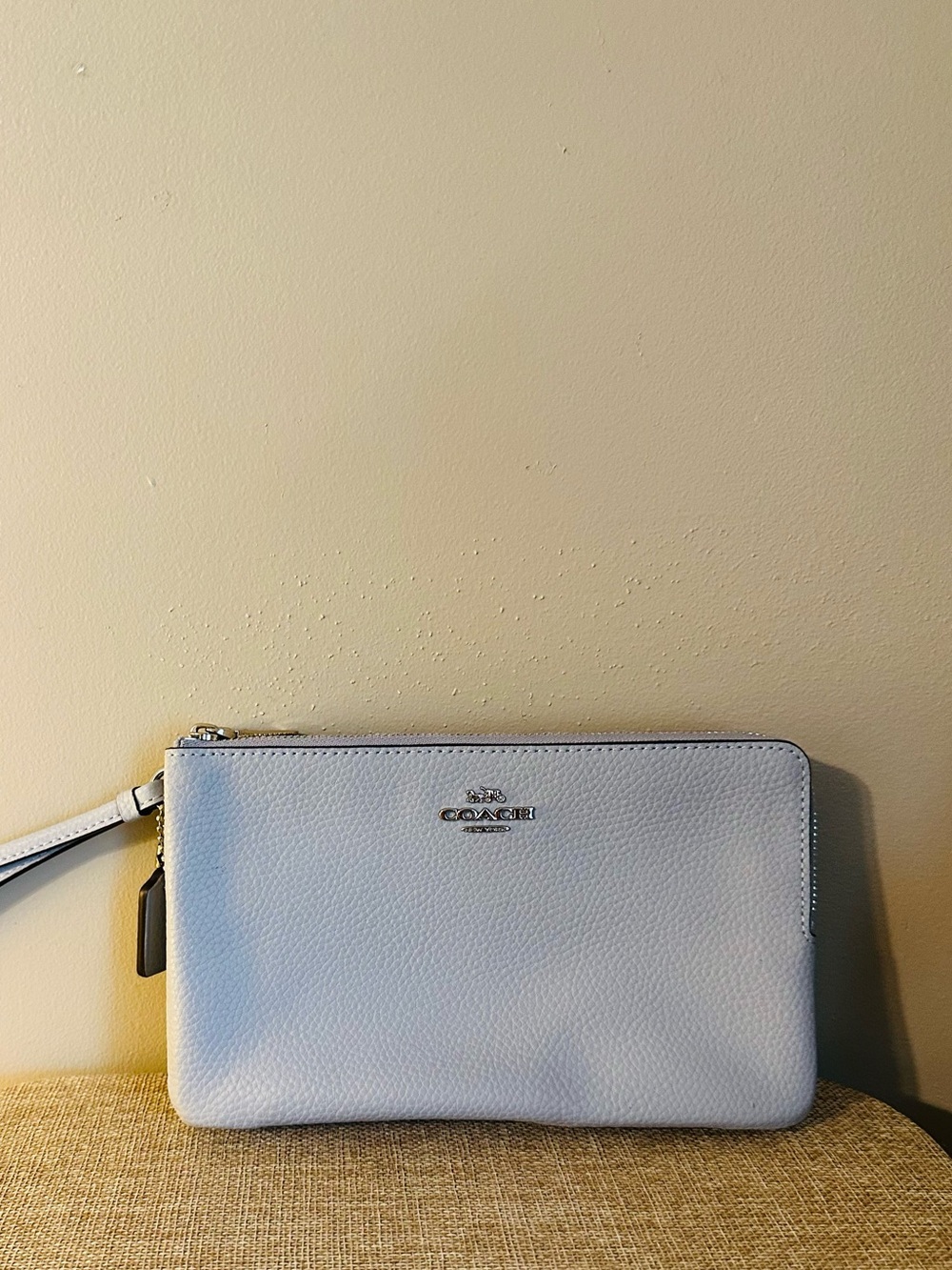 Coach Pale Blue Pebbled Leather Double Pocket Wristlet